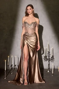 shimmering off-the-shoulder dress