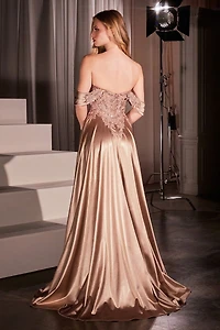 OFF THE SHOULDER LACE & SATIN A-LINE DRESS