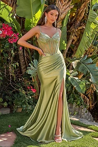 Spaghetti Straps Embellished Mesh Corset Stretch Satin