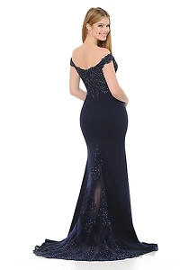 OFF SHULDER DRESS WITH MESH TRAIN