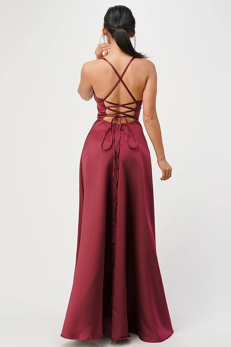 open side back spaghetti zig zag tie satin gown