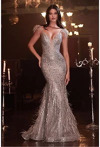 FITTED GLITTER MERMAID GOWN WITH FEATHERS