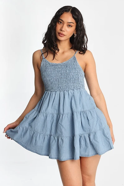 Chambray Smocked Tiered Mini Dress