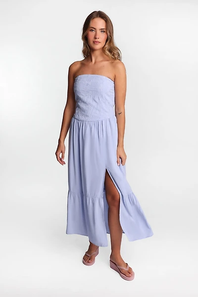 Strapless Embroidered Bustier Maxi Dress