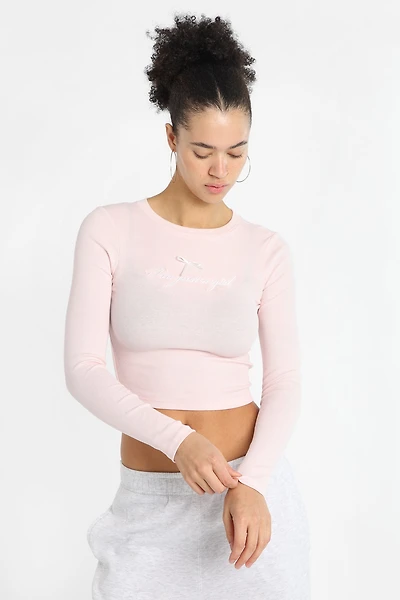 I'm Just A Girl Embroidered Long Sleeve Baby Tee