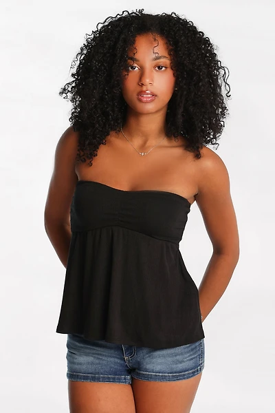 Pointelle Knit Strapless Babydoll Top