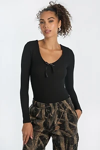 Ribbed Knit Long Sleeve V-Neck Bodysuit