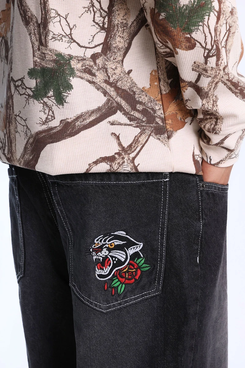 Tiger Rose Embroidered Baggy Jeans