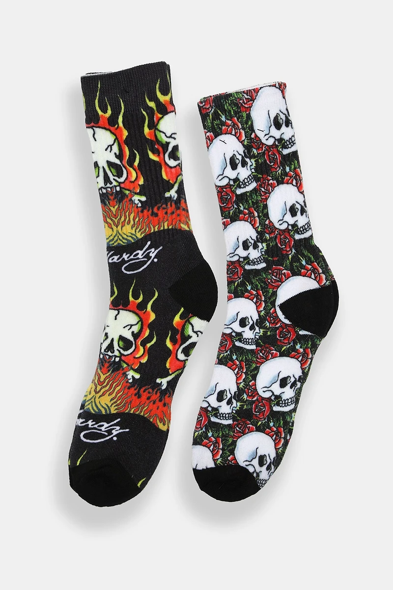 Ed Hardy Mens Skull Crew Socks 2-Pack