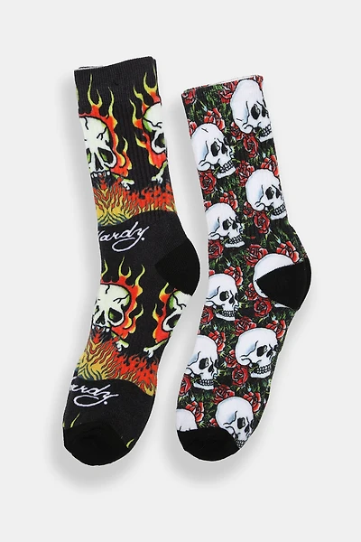 Ed Hardy Mens Skull Crew Socks 2-Pack