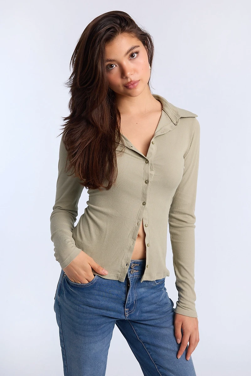 Long Sleeve Button-Front Slim Polo Top