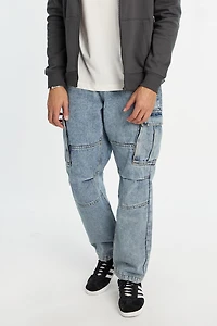 Mens Light Stonewash Cargo Jeans