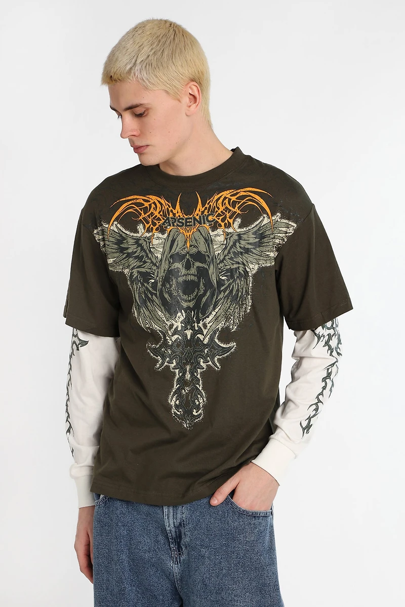 Arsenic Skull Graphic Long Sleeve 2-Fer Tee
