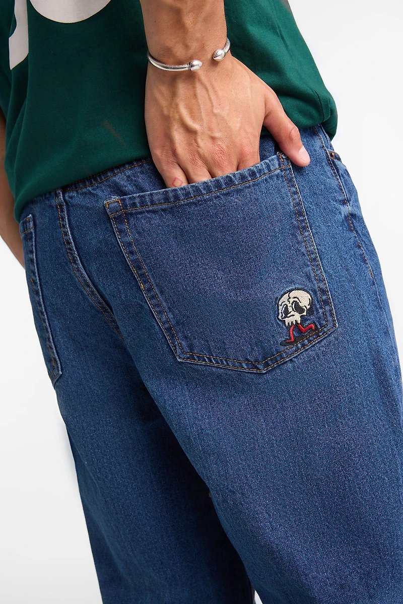 Mens Baggy Dark Stonewash Embroidered Jeans