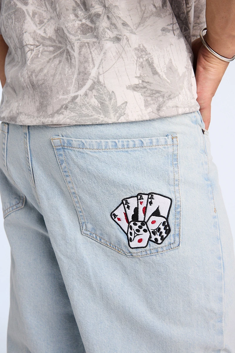 Mens Baggy Light Stonewash Embroidered Jeans