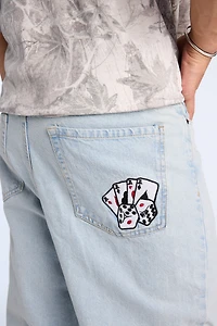 Mens Baggy Light Stonewash Embroidered Jeans