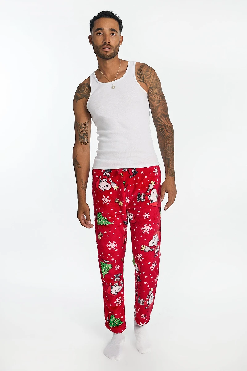 Mens Peanuts Snoopy Snowflakes Plush Pajama Pant