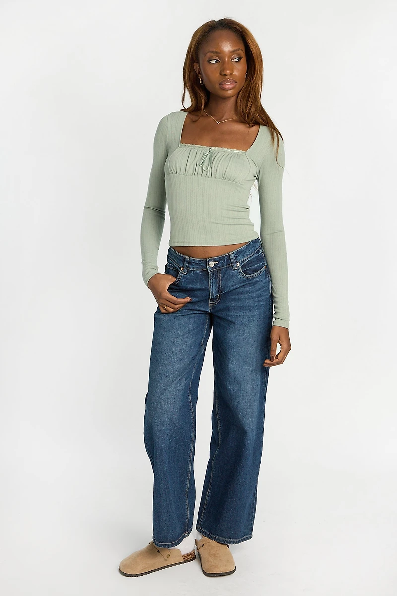AERO Pointelle Long Sleeve Ruched Top
