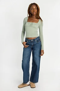 AERO Pointelle Long Sleeve Ruched Top
