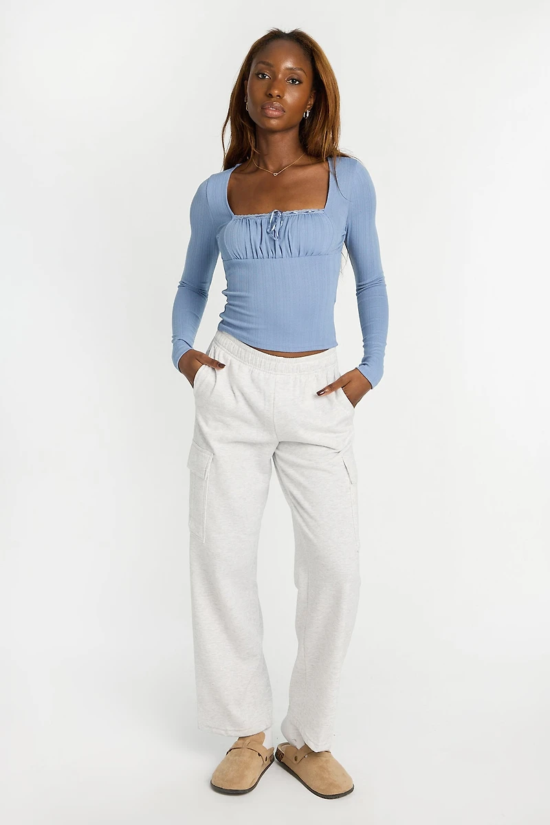 AERO Pointelle Long Sleeve Ruched Top