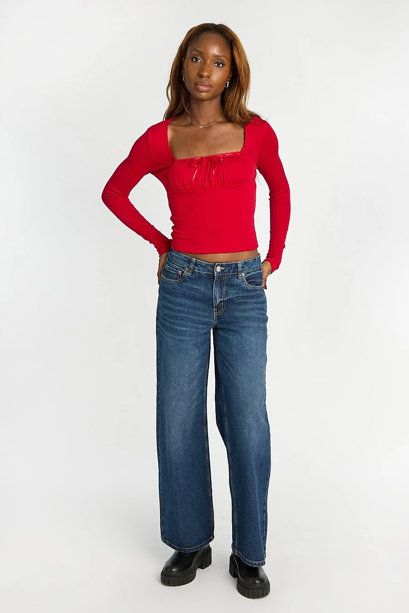 AERO Pointelle Long Sleeve Ruched Top