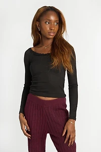 AERO Pointelle Knit Long Sleeve Off-Shoulder Top