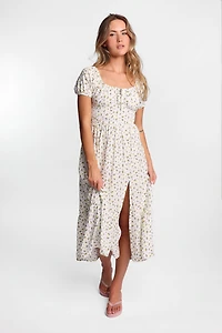 Robe midi à smocks latéraux et manches courtes AERO
