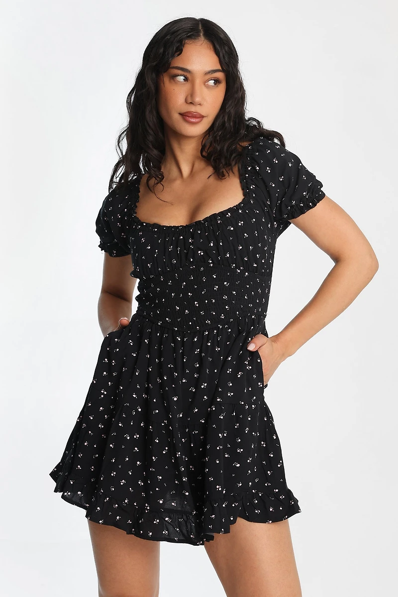 AERO Scoop Neck Fit & Flare Smocked Mini Dress