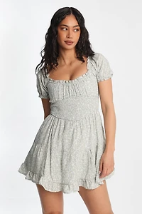 AERO Scoop Neck Fit & Flare Smocked Mini Dress