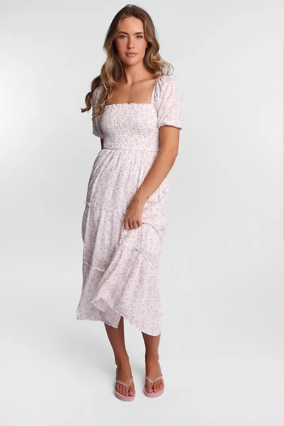 Robe midi à corps smocké volants et manches courtes AERO