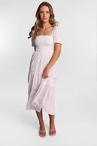 Robe midi à corps smocké volants et manches courtes AERO
