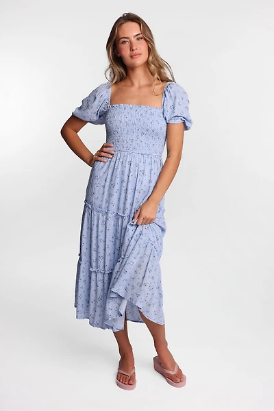 AERO Short Sleeve Smocked Tiered Midi Dress