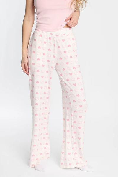 Pantalon pyjama à jambes larges super doux Hello Kitty coeur