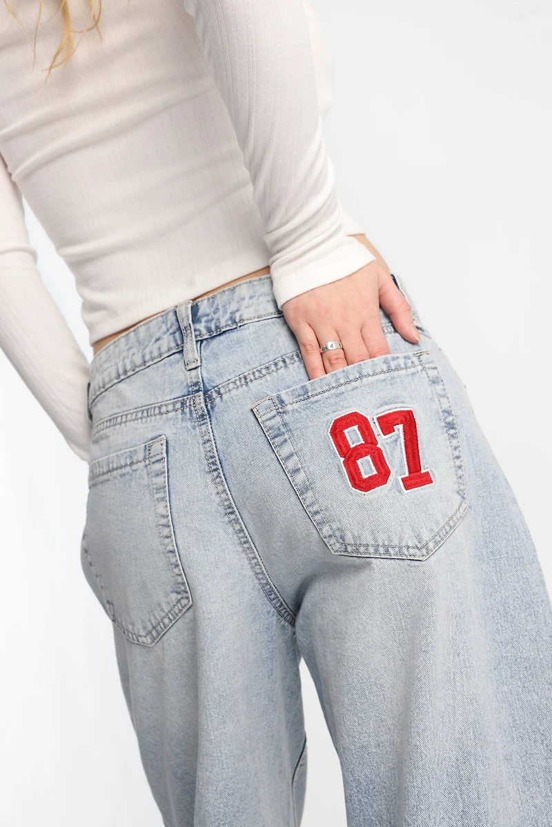 AERO 87 Embroidered Low Rise Baggy Jeans