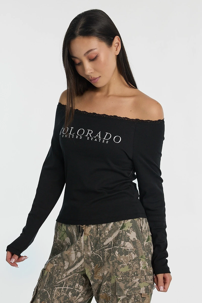 AERO Off-Shoulder Graphic Long Sleeve Top