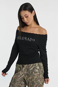 AERO Off-Shoulder Graphic Long Sleeve Top