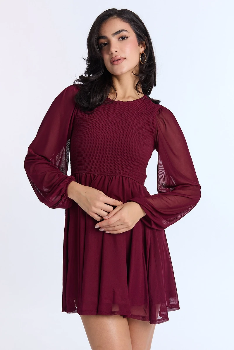 Robe courte à smocks manches longues AERO