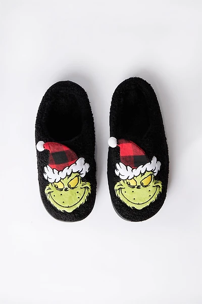 Pantoufles peluche Le Grinch avec chapeau du Père Noël à carreaux