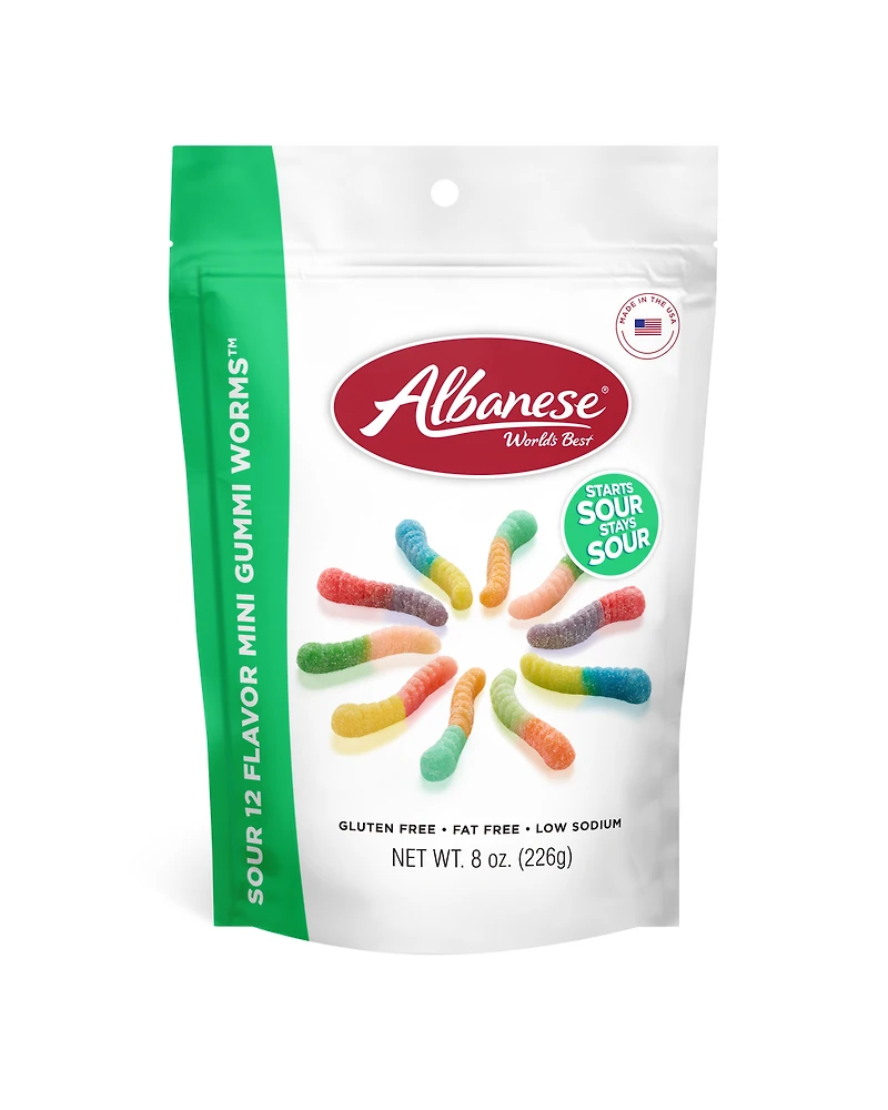 12 Sour Flavor Mini Gummi Worms 8 oz Peg Bag