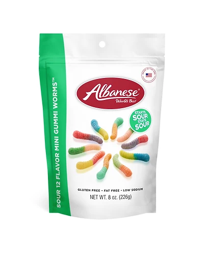 12 Sour Flavor Mini Gummi Worms 8 oz Peg Bag