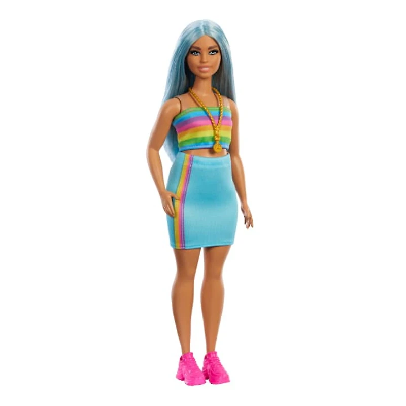 Barbie Fashionista Doll #218 - Blue Hair, Rainbow Top & Teal Skirt