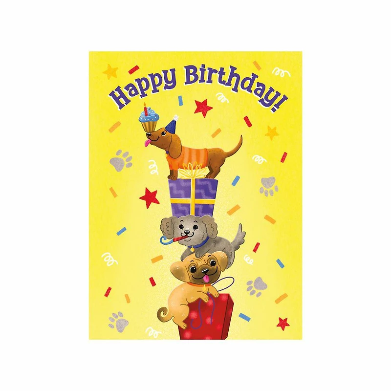 Tri Fold Birthday Card - Stacked Dogs Glitter Tail