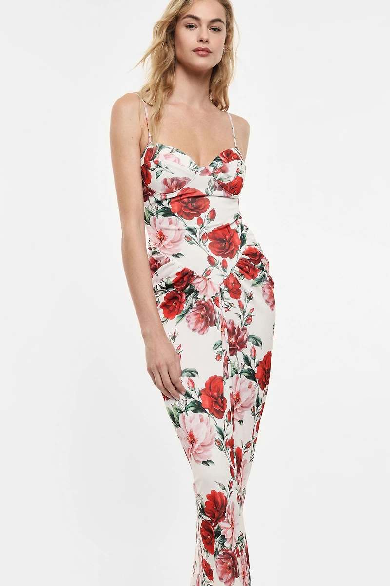 Long dress with floral print and thin straps