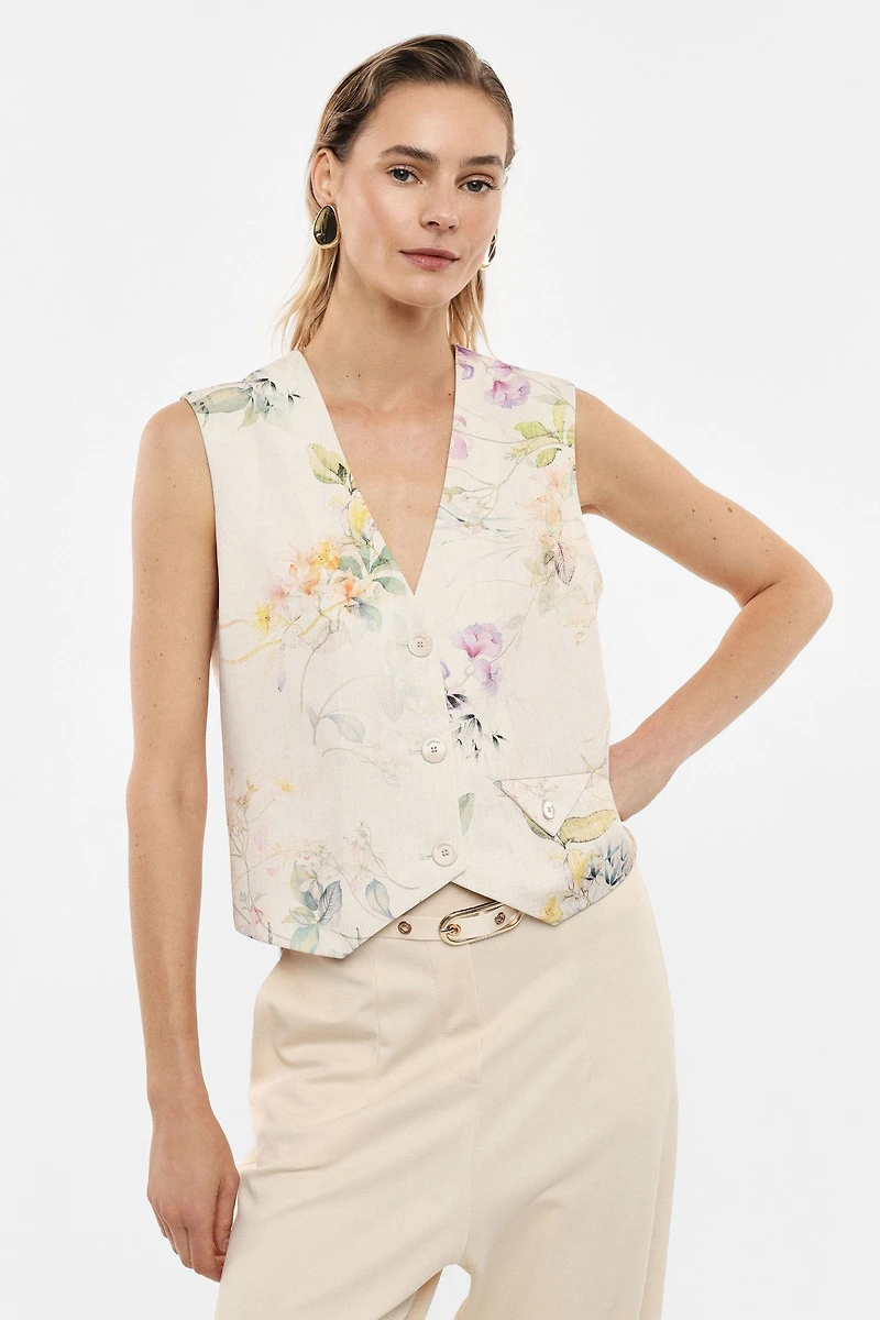Vest printed v-neck with button fastening