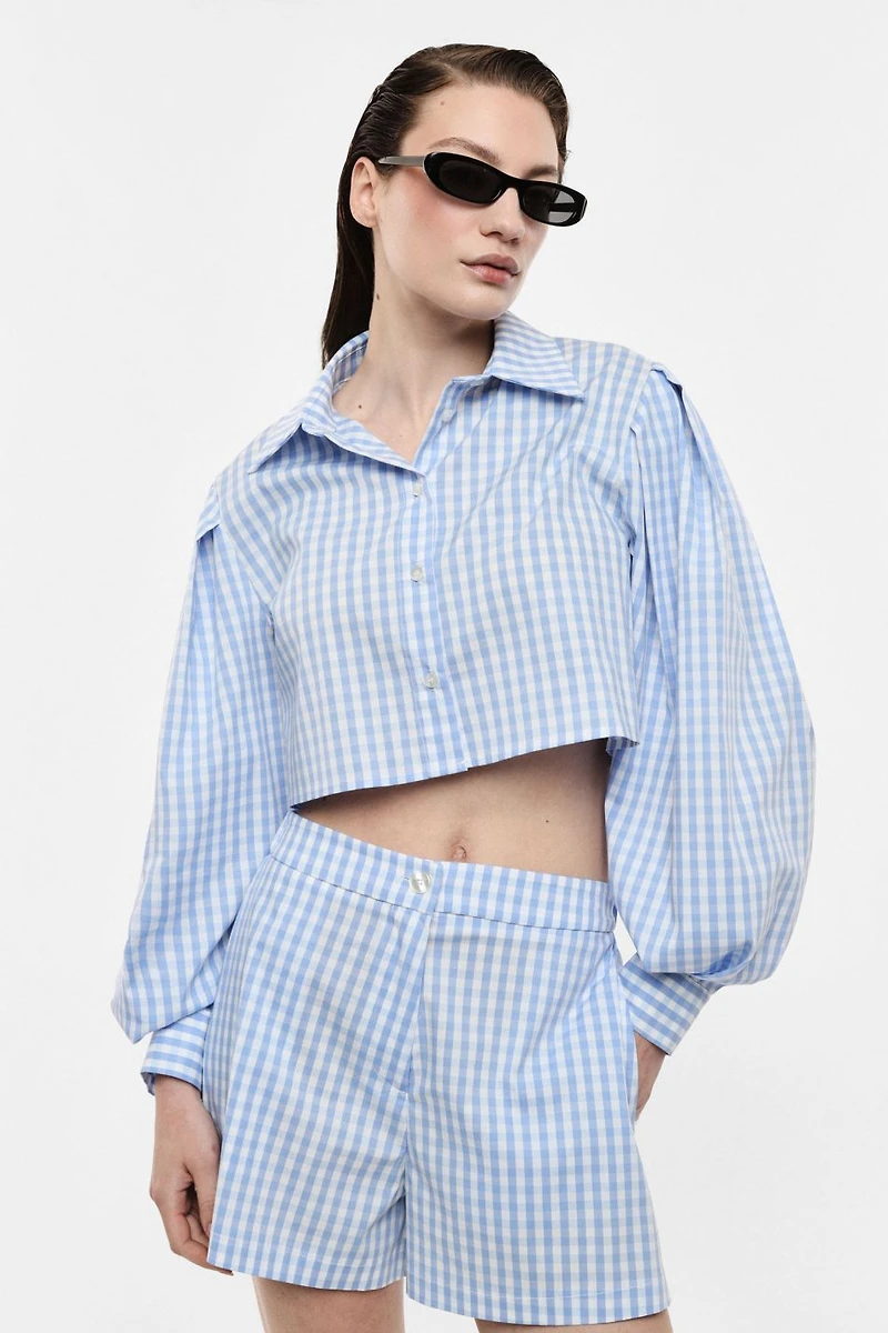 Blue Gingham Cropped Shirt