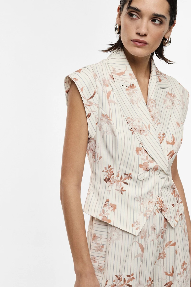 Sleeveless jacket double-breasted floral stripe print