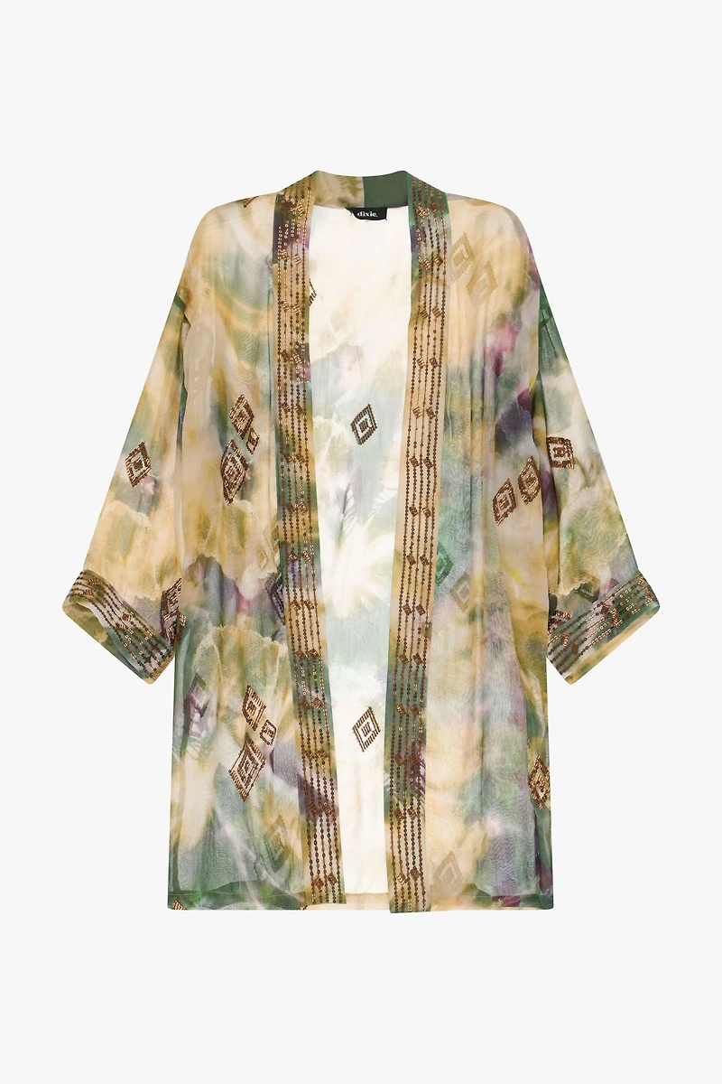 Patterned duster coat with embroidered details
