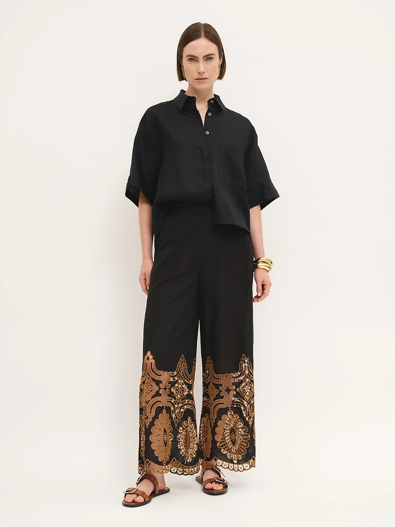 Embroidered Wide-Leg Pant