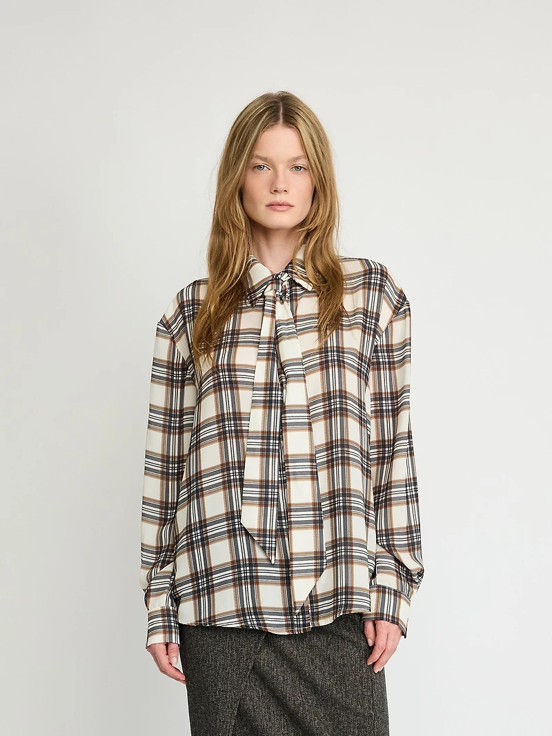 Plaid Tie-Neck Blouse