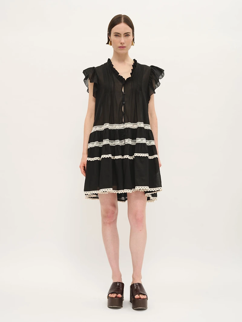 Ruffled Cotton Mini Dress with Contrast Lace Trim